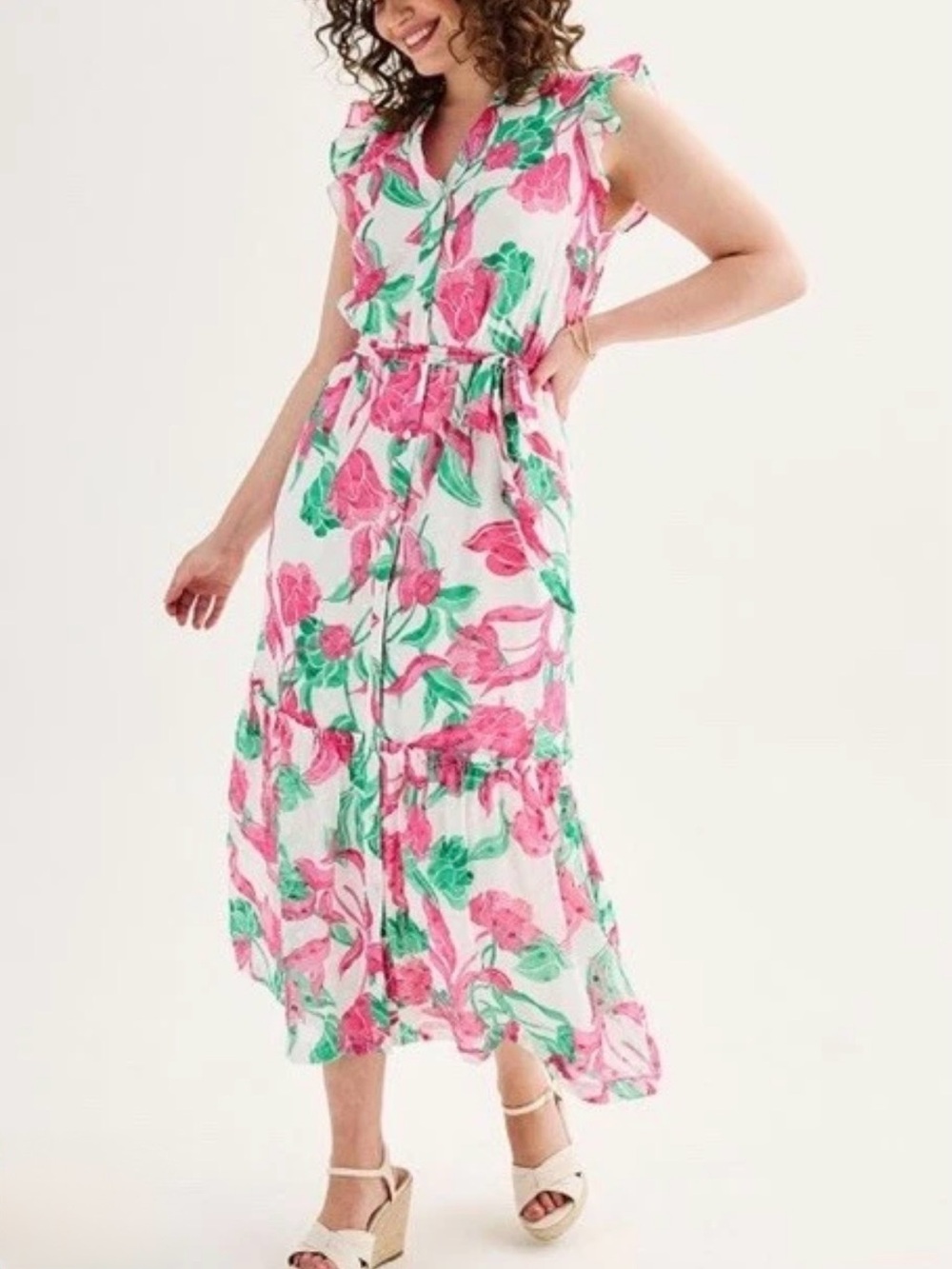Draper James Pink & Green Floral Tie-Waist Dress